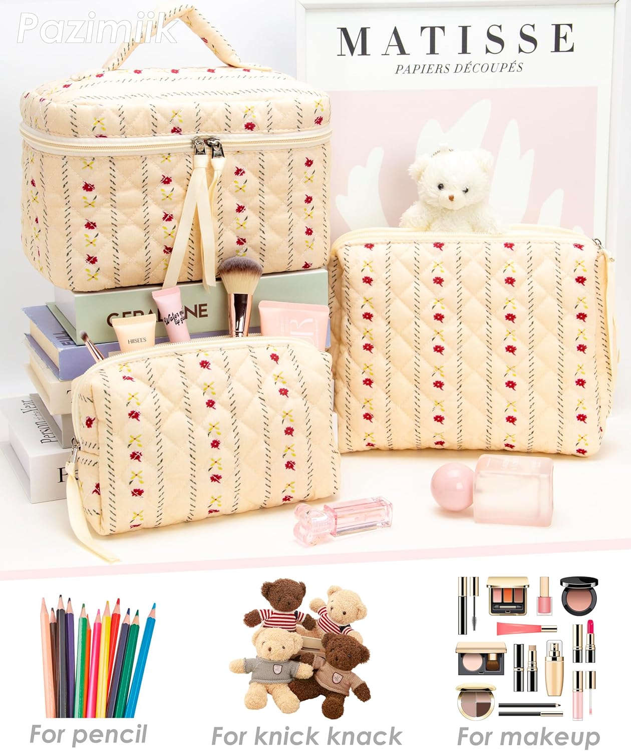 PAZIMIIK 3PCS Makeup Bag SET Large Travel Quilted Zipper Soft Cosmetic Case Pouch for Women Girls Make Up,Little Flower Beige