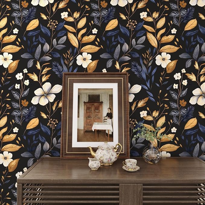 Laatse Blue/Gold Leaf Wallpaper Peel and Stick Vintage Dark Floral Wallpaper - Image 2