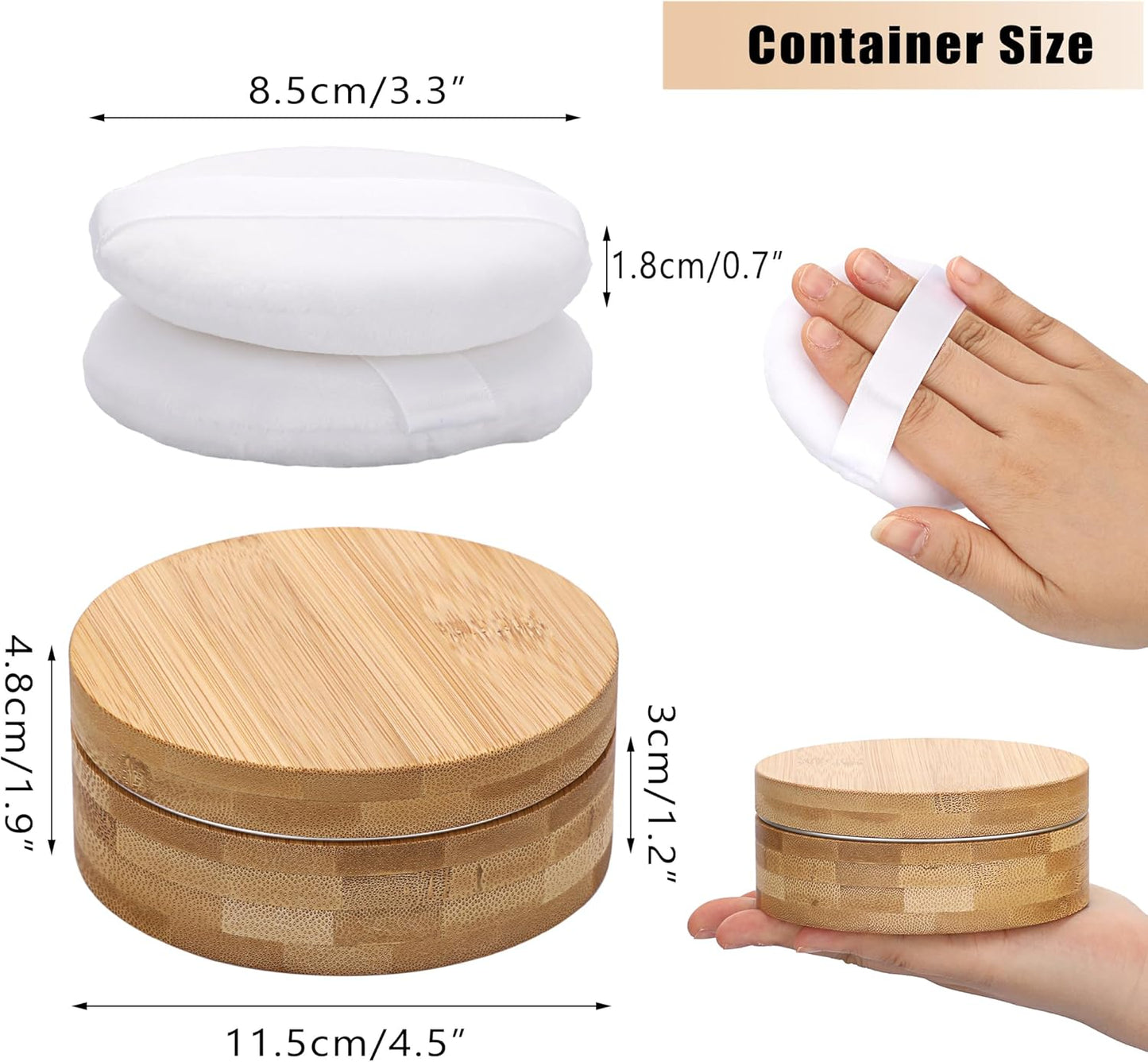 ELLDOO Body Powder Puff and Container, 10oz Empty Bamboo Case with Aluminum Inner Jar, Travel Loose Dusting Powder Storage Box with 2pcs Powder Puffs for Baby Women