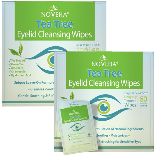 NOVEHA 120Pcs Tea Tree Oil Eyelid & Lash Wipes With Hyaluronic Acid, Green Tea & Chamomile For Blepharitis & Itchy Eyes, Individually Wrapped Eyelash Wipes, Natural Makeup Remover & Cleanser (2 Pack)