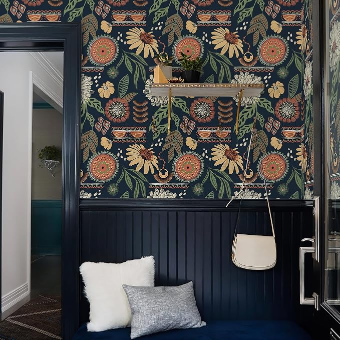Simon&Siff Boho Peel and Stick Wallpaper, 17.3" x 80" Blue Sun Floral Retro - Image 6