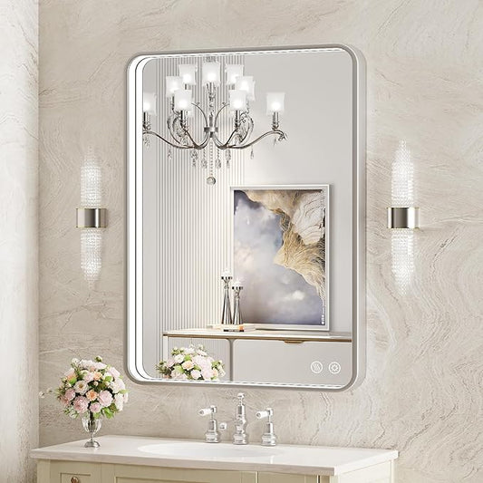28x36 Inch LED Mirror for Bathroom, Brushed Sliver Metal Frame Lighted Vanity by FTOTI