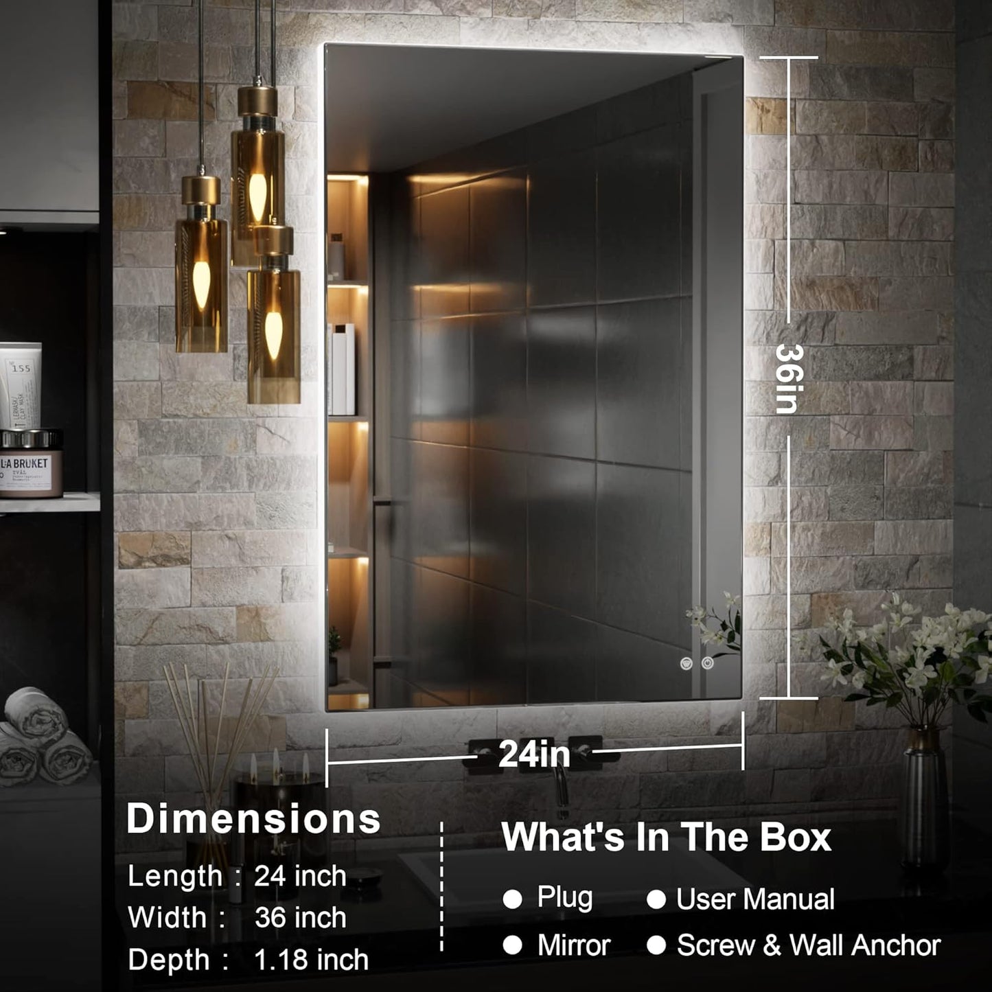 TETOTE 24 x 36 Inch LED Mirror Backlit Bathroom,Anti-Fog Mirror with Light,Dimmable,CRI90+,IP54 Water Proof,Wall Mounted Vanity Lighted,Horizontal/Vertical