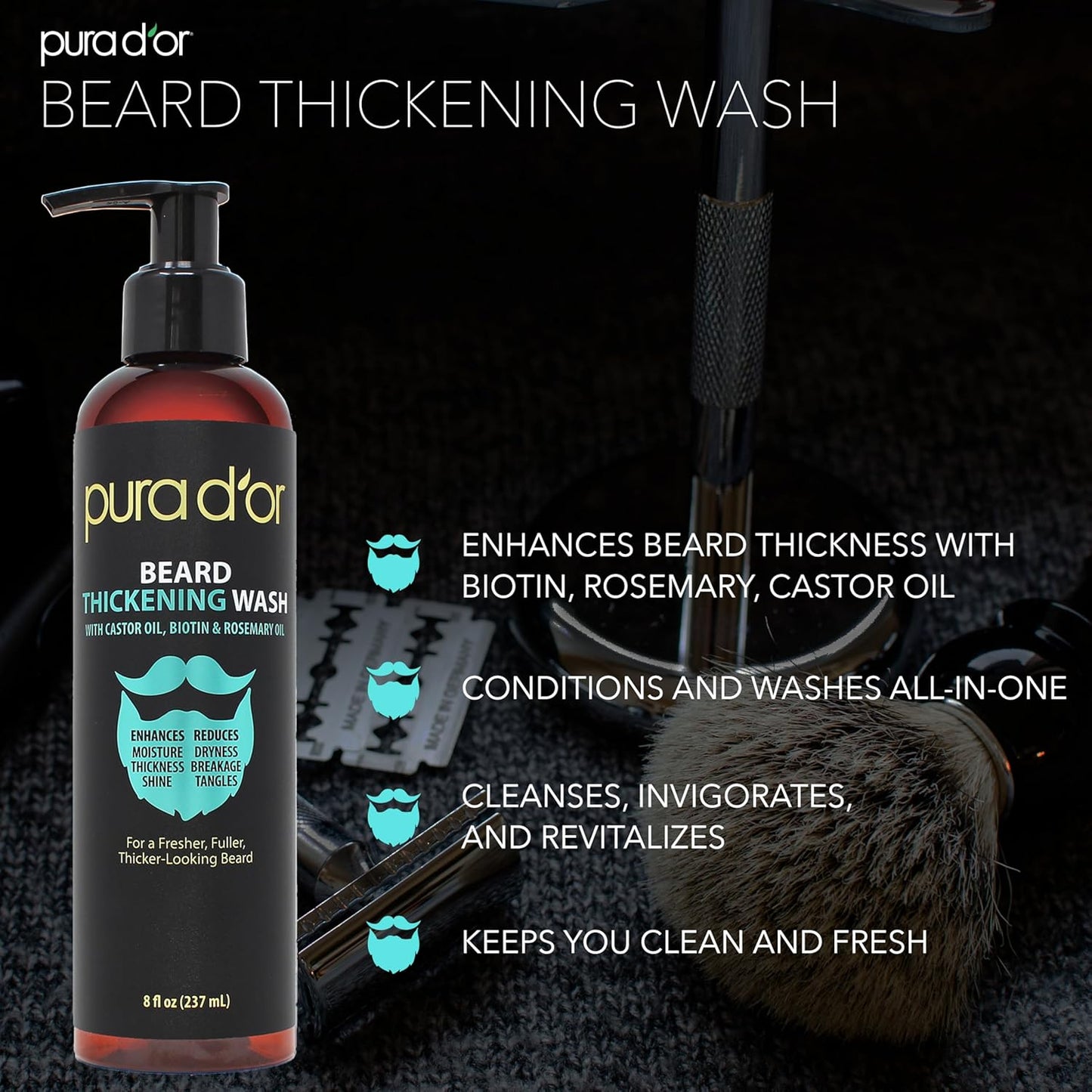 PURA D'OR 8 Oz Thickening Beard Wash - Biotin & Castor Oil Formula with Rosemary - Helps Enhance Moisture, Thickness & Shine, Helps Reduces Dryness & Breakage - For Men