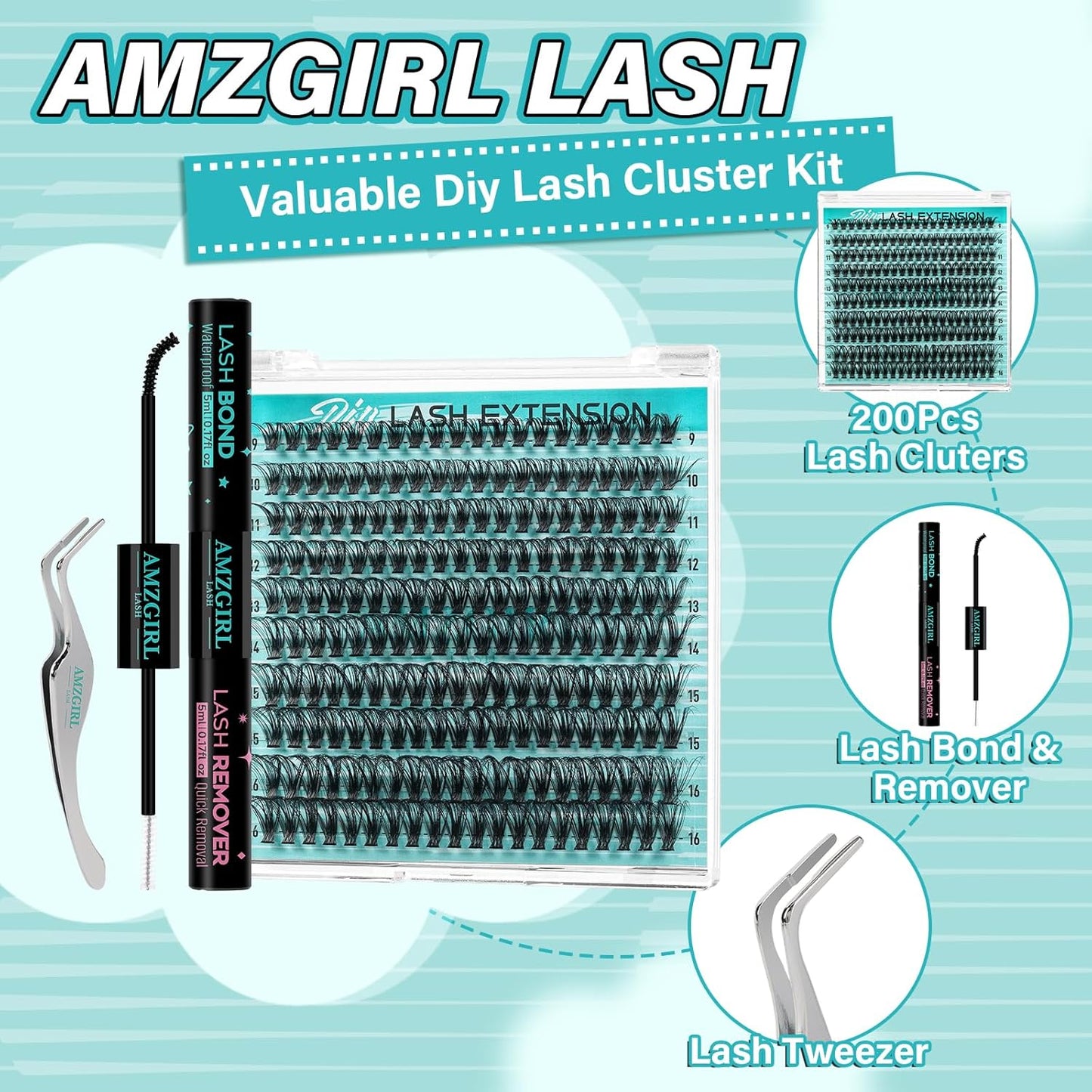 Lash Clusters Kit 200pcs, Eyelash Extension Kit 80D D Curl Diy Cluster Eyelashes Extensions Lash Bond and Remover Waterproof Lash Applicator Tools for 9-16mm Mix Lashes Beginner Self Use at home