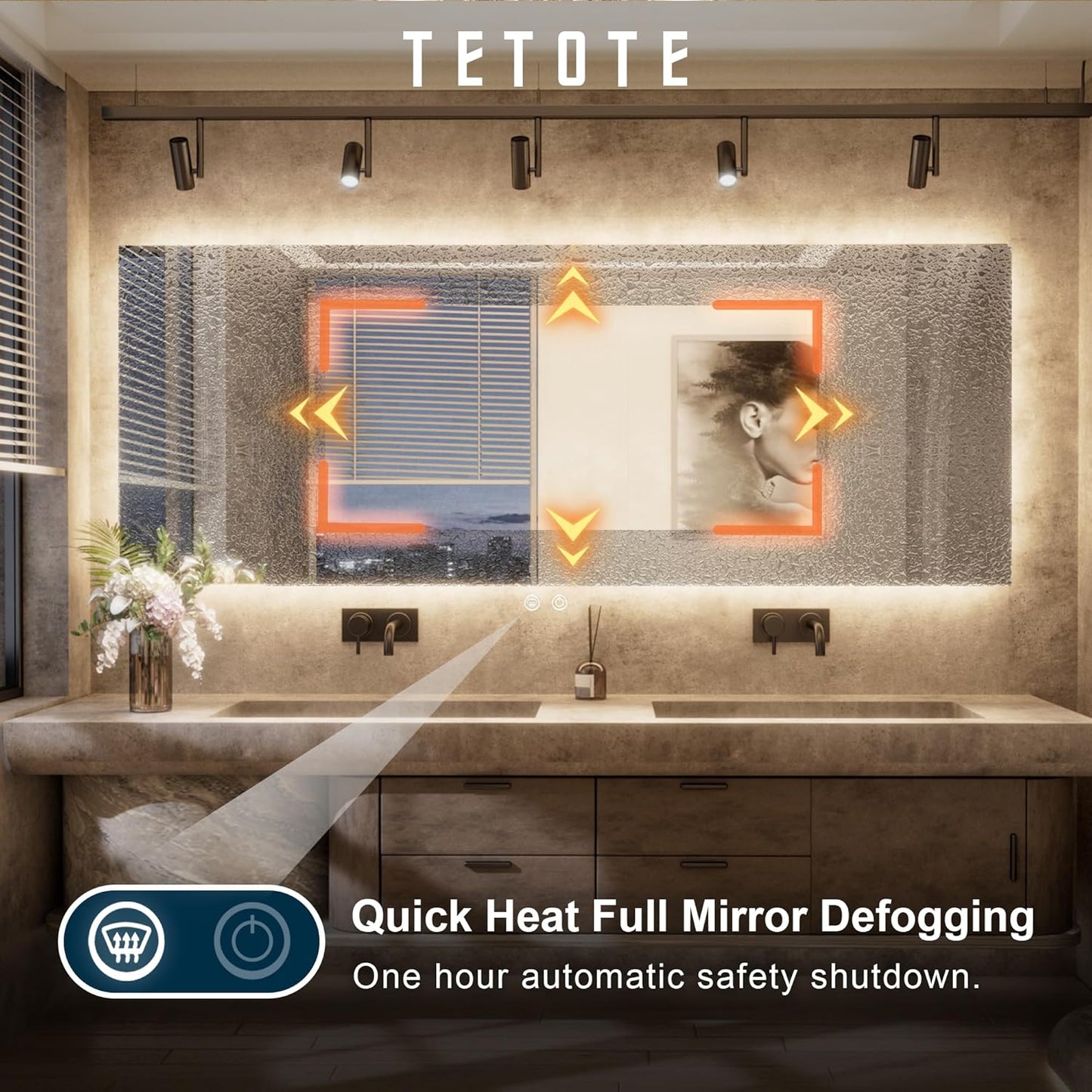 TETOTE 48 x 36 Inch LED Backlit Bathroom Mirror with Lights, 3Color White/Warm/Natural, Anti-Fog Lighted Mirror,Dimmable,Vanity Mirror,Wall Mounted