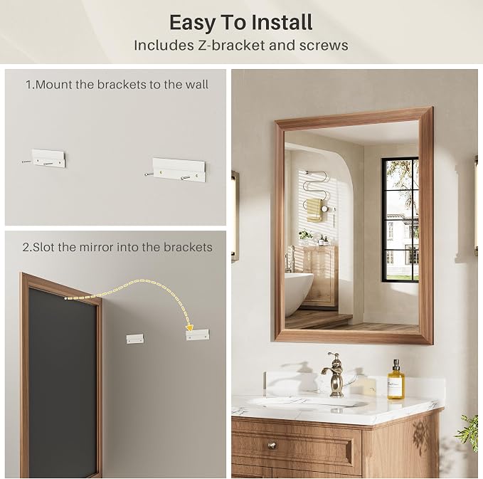 36x32 Inch Bathroom Mirror for Wall, Anti-Rust Walnut Wood Grain Metal Framed - Image 5
