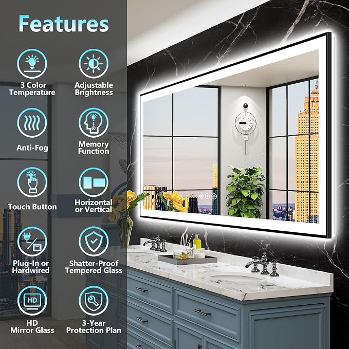 96x36 Black Framed LED Bathroom Mirror - Image 2