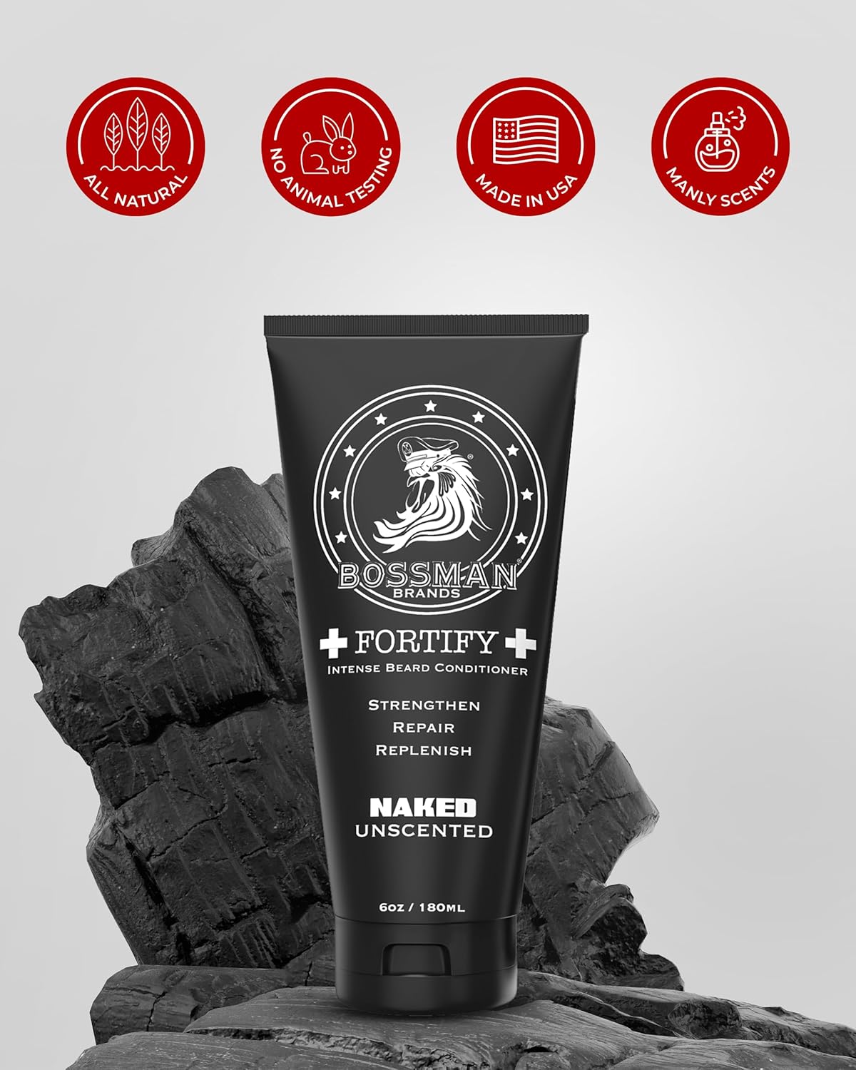 Bossman Fortify Intense Beard Conditioner for Men (Naked - Unscented) – Moisturizes, Replenishes & Protects with Natural Ingredients – Thicker Formula, Made in USA