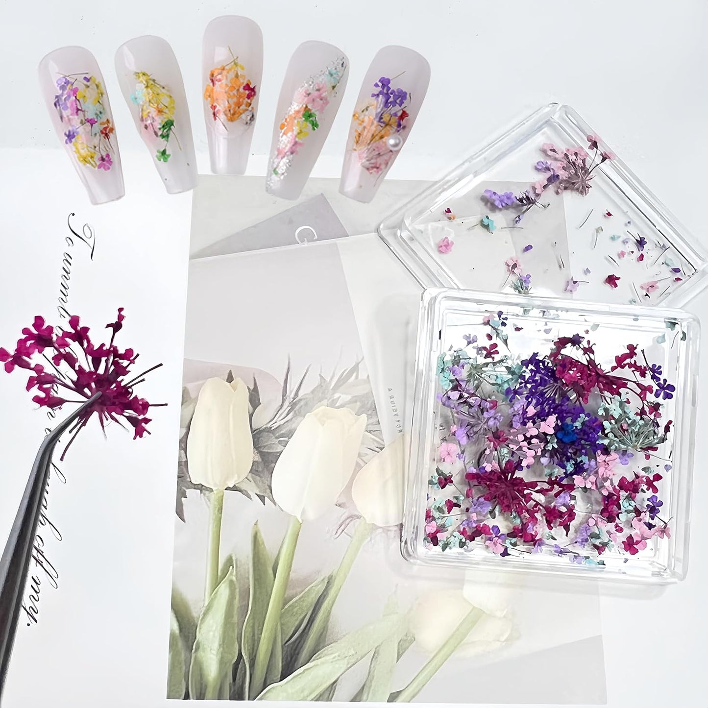1Box Dried Flowers Nail Art Stickers 12 Colors Dry Flowers Mini Real Natural Flowers Nail Decals 3D Gypsophila Floral Nail Sticker for Women Manicure Decoration Makeup DIY Accessories