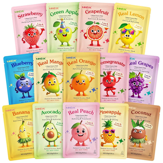 14 Pack Fruit Face Masks Skincare for Kids, Sheet Hydrating Facial Mask for All Skin Types, Bulk Collagen Face Mask for Women Skin Care, Birthday Party Spa Gifts for Teens Girls