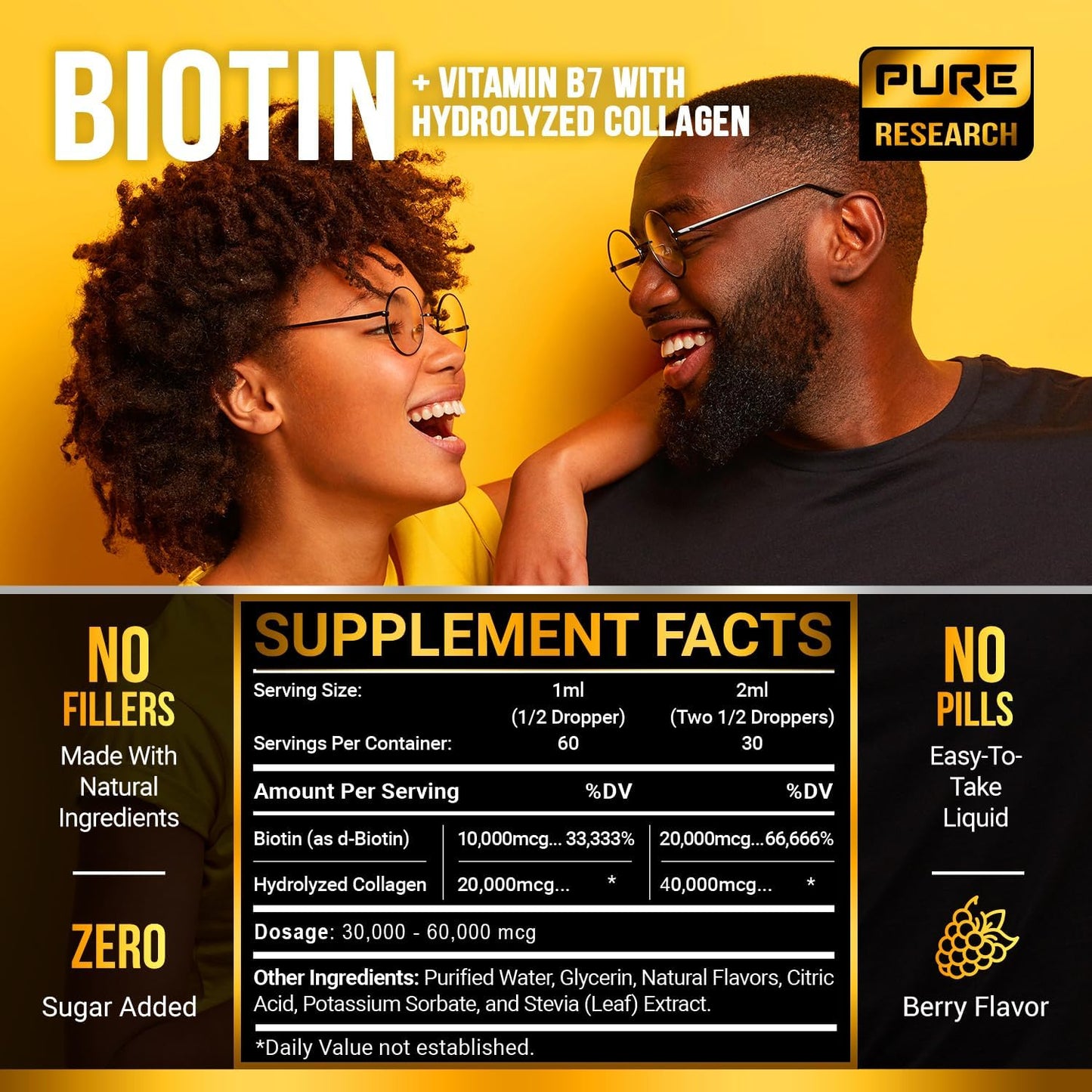 Liquid Biotin & Collagen Hair Growth Drops 60,000mcg - Biotin and Liquid Collagen Supplement for Men & Women - Glowing Skin Support, Healthy Hair & Nail Growth - 2oz