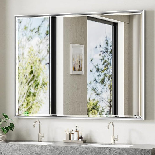 48 x 36 Silver Bathroom Mirror, Large Beveled Silver Bathroom Vanity Mirror by QUEENFUN