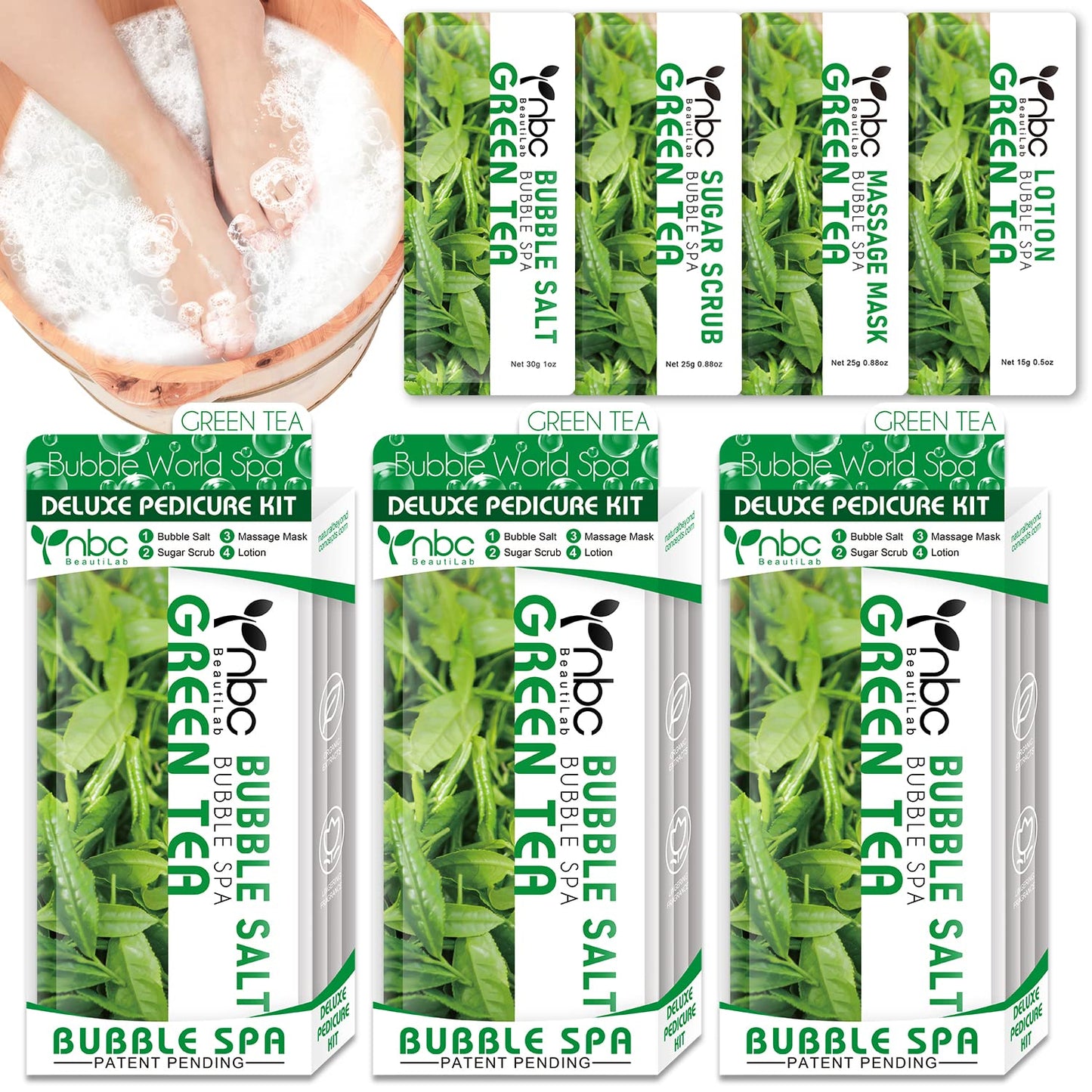 Pedicure Kit Foot Soak Set: Bubble Salt, Sugar Scrub, Massage Mask, Massage Lotion in a Box, 4 Step Foot Spa Kit for Dry Feet,Tired Feet（3 Set Green tea)