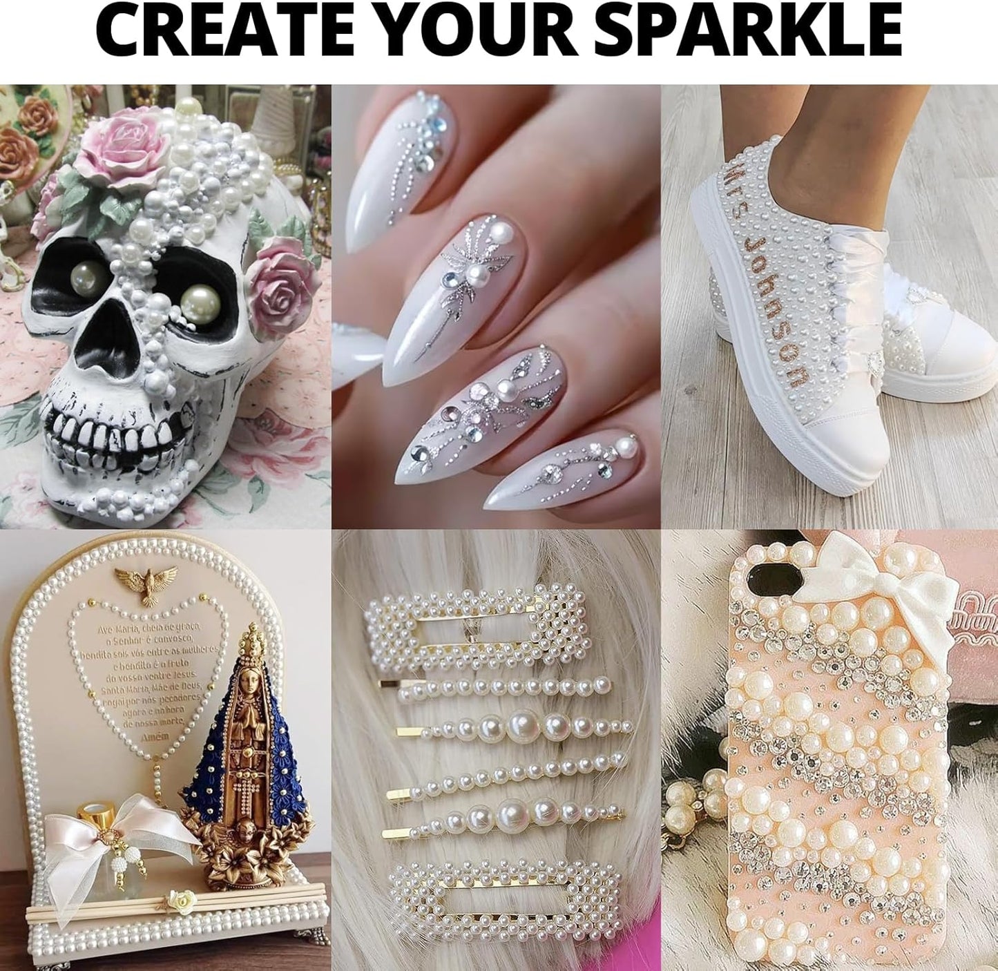 16000Pcs Flatback Pearls for Crafting, White Flat Back Assorted Sizes 2/3/4/5/6/8/10mm Half Pearl Beads Bedazzling for Crafts Clothing Tumbler Shoes Wedding Gown Nails with B7000 Jewelry Making Glue