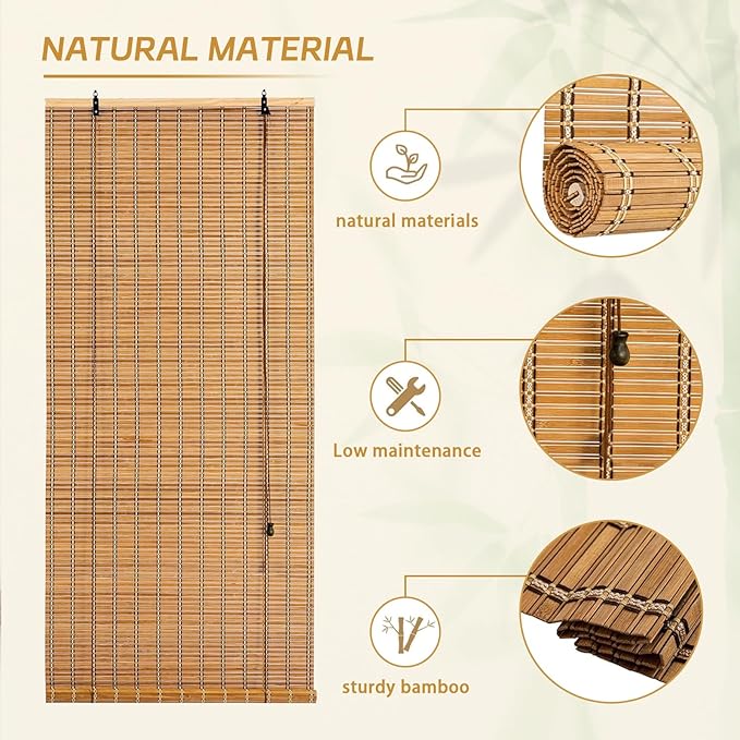 Bamboo Roll Up Shades for Windows 32Wx72L, Light Filtering Hanging Window Blinds - Image 4