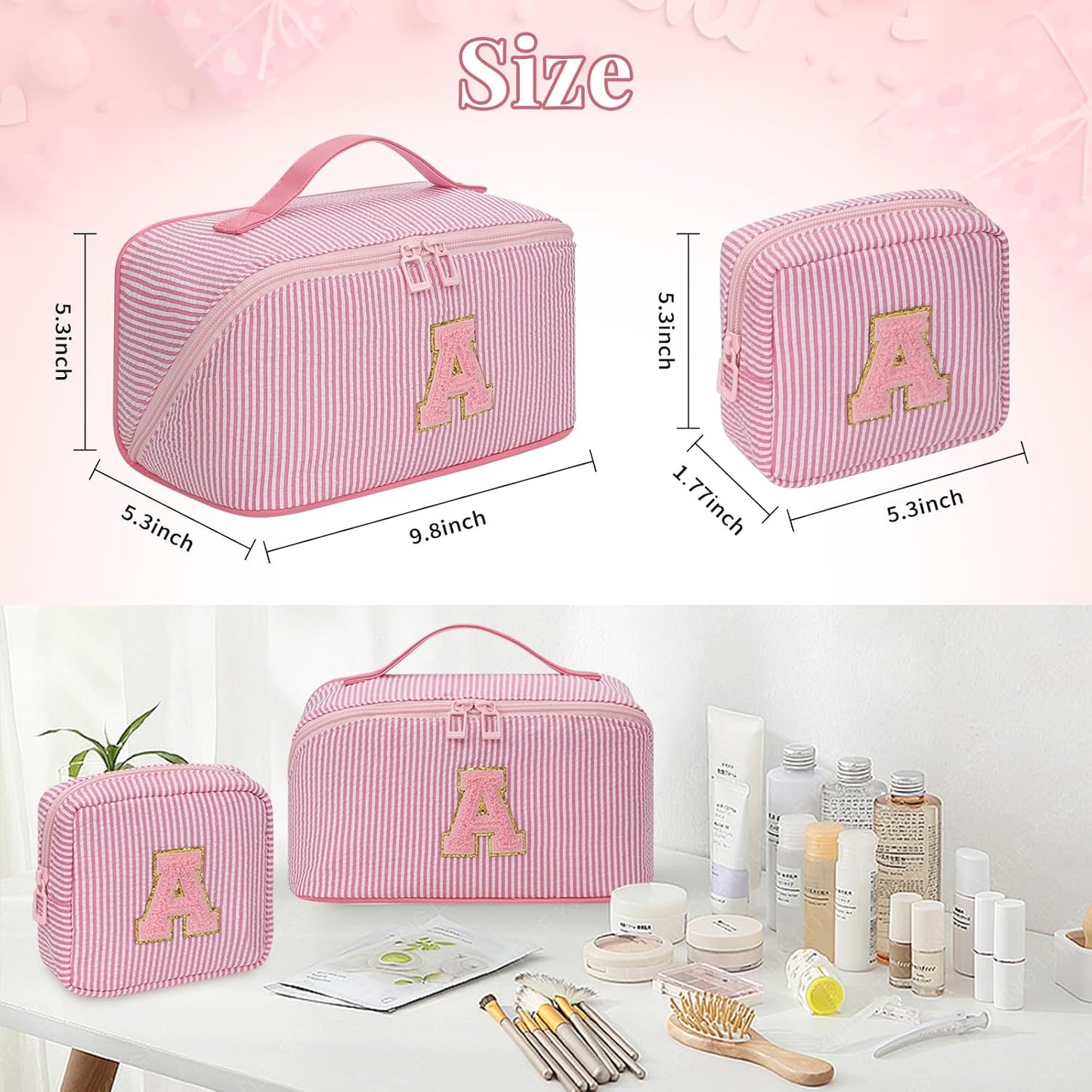 Travel Makeup Bag for Women, 2Pcs Portable Personalized Initial Makeup Organizer Bag, Open Flat Large Cosmetic Bag With Travel Essential Pouch (Pink Letter I)