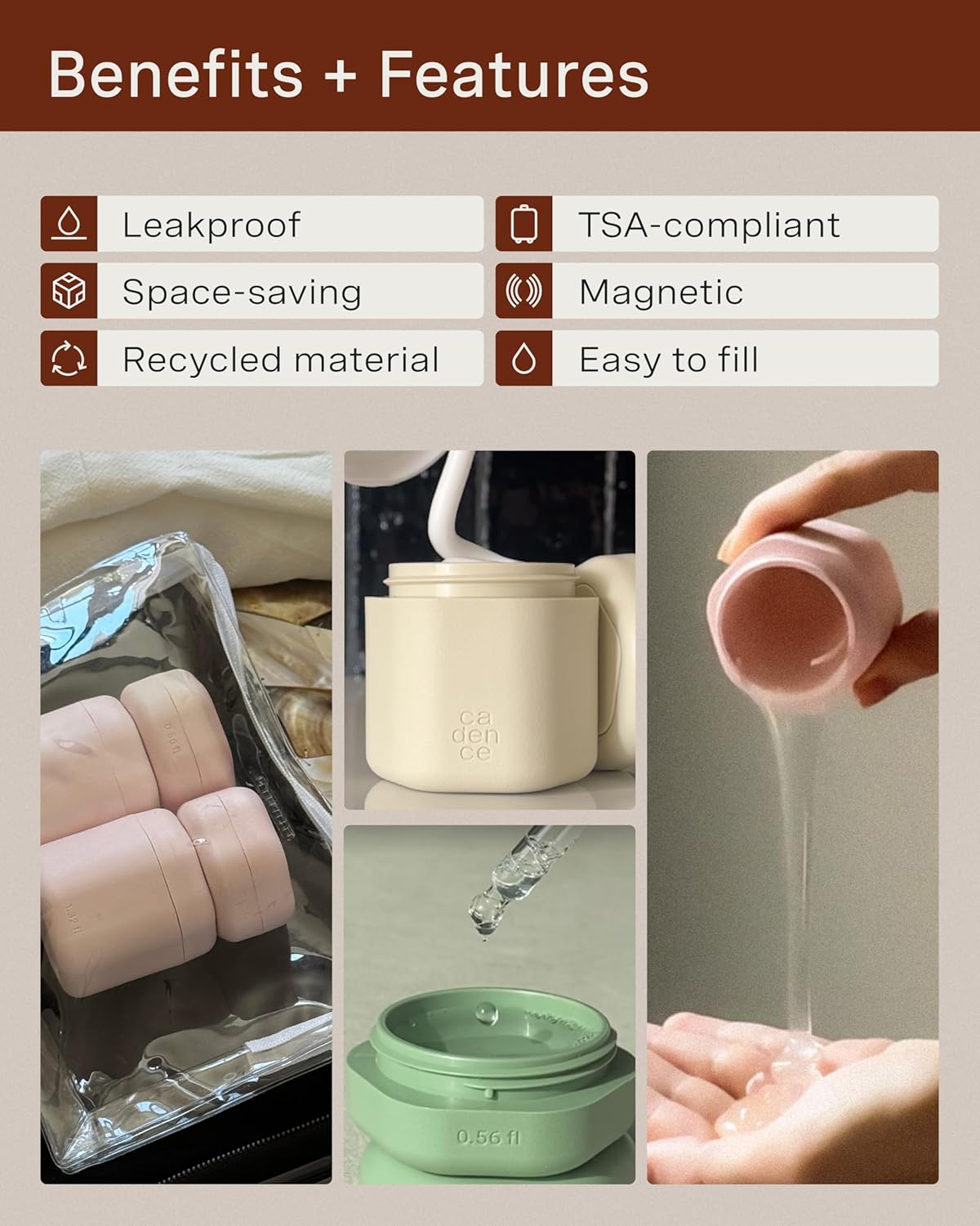 Cadence Travel Containers - Core Skincare Set - Magnetic Containers with Lids,2 Small (0.56oz) & 3 Medium (1.32oz) - Cleanser, Moisturizer, Serum, Makeup Remover & Sun Icon Labels - Petal