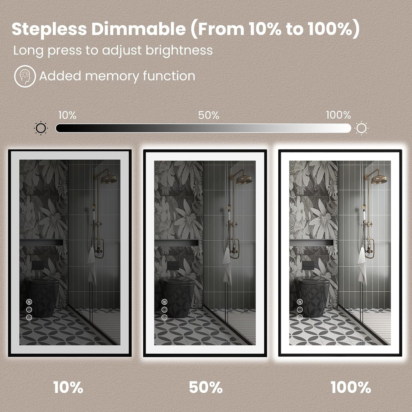 Amorho 48"x 32" LED Bathroom Mirror with Black Frame, Front Light and Backlit(Controlled Separately), Stepless Dimmable, Anti-Fog, Shatter-Proof, 3 Colors, Memory