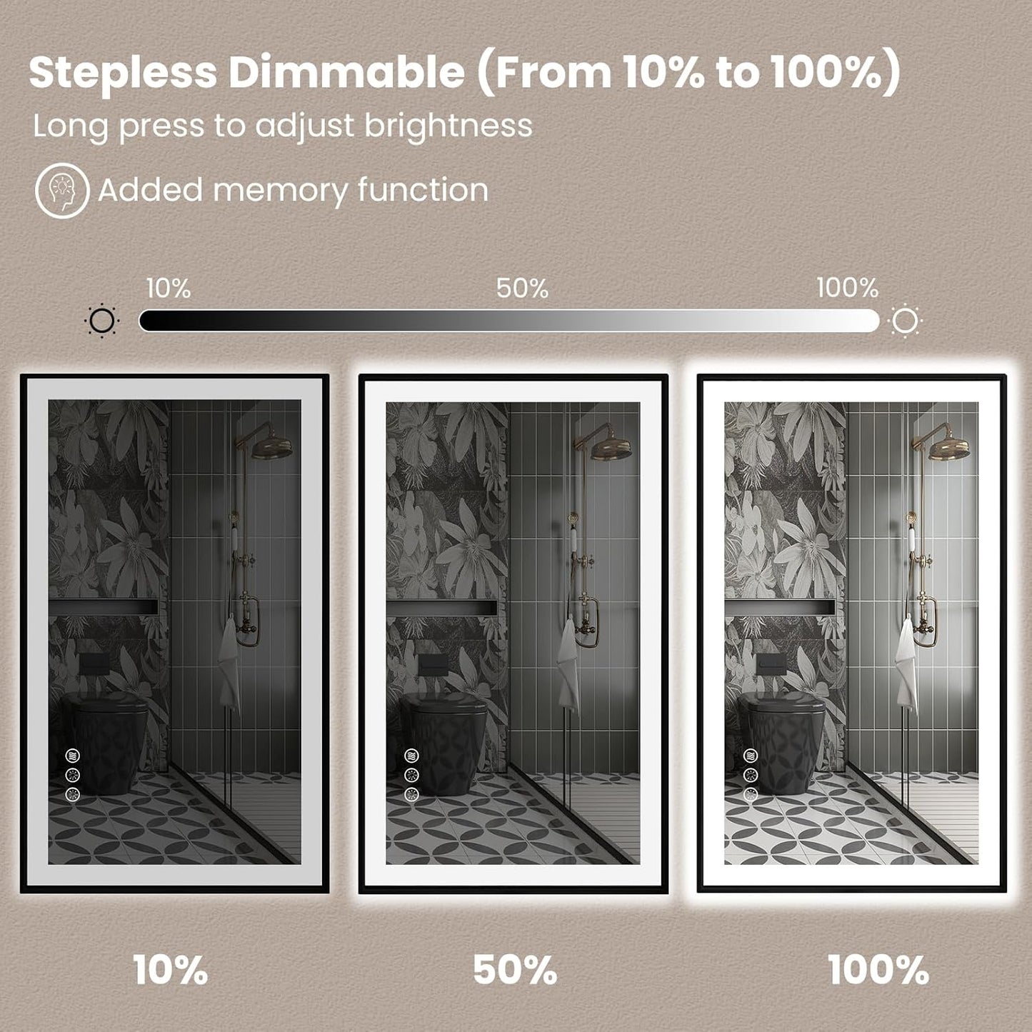 Amorho 40" X36" LED Bathroom Mirror with Black Frame, Front Light and Backlit(Controlled Separately), Stepless Dimmable, Anti-Fog, Shatter-Proof, 3 Colors, Memory