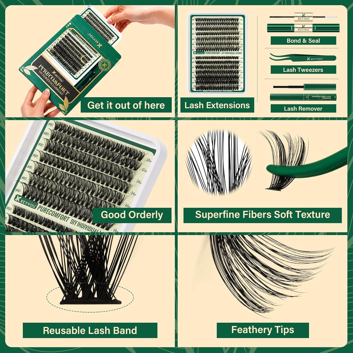 KEYYOU DIY Lash Extension Kit 280pcs Soft Lash Clusters 60D+80D D Curl Easy to Apply with Lash Bond and Seal Lash Applicator Lash Remover Eyelash Extension Kit at Home(RMkit-60D80D-D-10-18mix)
