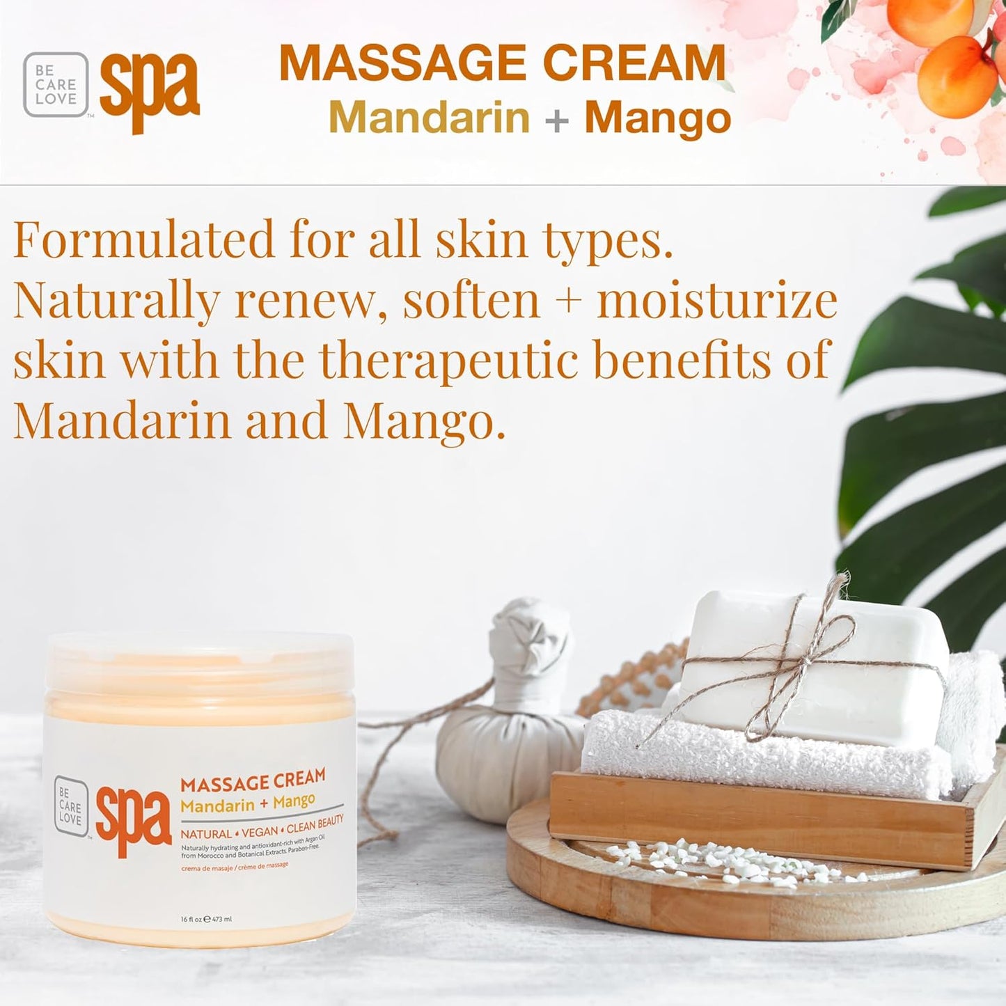 BCL SPA Massage Cream organic Mandarin + Mango body lotion with shea butter, aloe vera, peppermint, argan and jojoba oils, body cream to invigorate, hydrate and soften the skin. Home/Pro use 16 fl oz