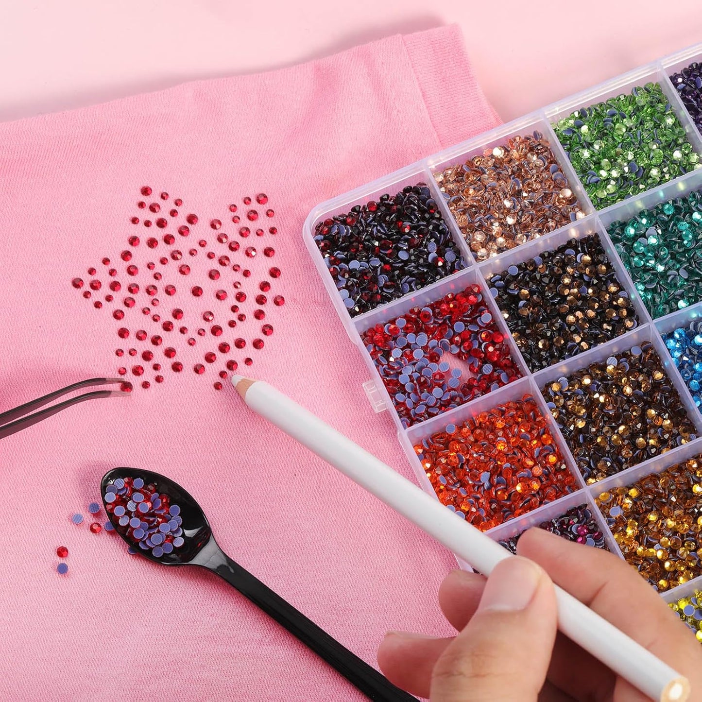 Hotfix Rhinestones Mixed 24 Colors, SS10 Rhinestones for Crafts Clothes, Hotfix Crystals with 1 Tweezers, 1 Wax Pencil and 1 Spoon