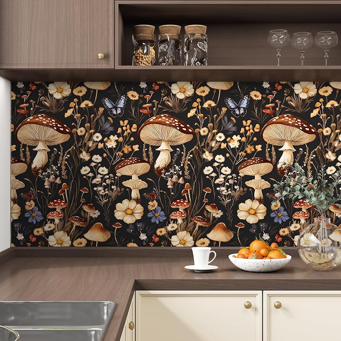 BOKEBEVE Peel and Stick Wallpaper Mushroom Wallpaper Vintage Floral Contact - Image 2