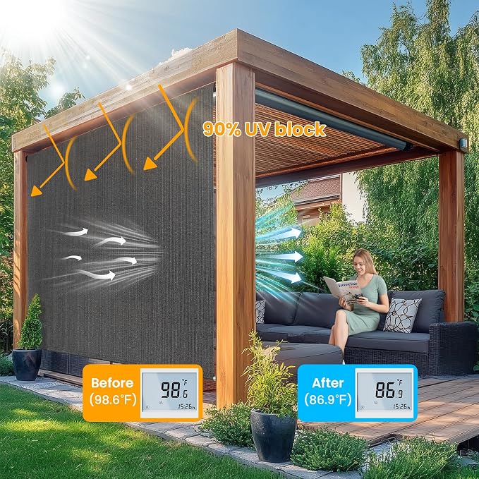 7'W x 8'H Gray Patio Shades Roll up Outdoor Roller Shade Crank Wand Blind - Image 2