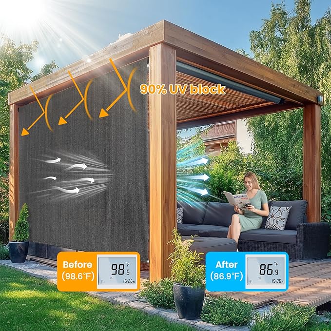 6'W x 8'H Gray Patio Shades Roll up Outdoor Roller Shade Crank Wand Blind - Image 2