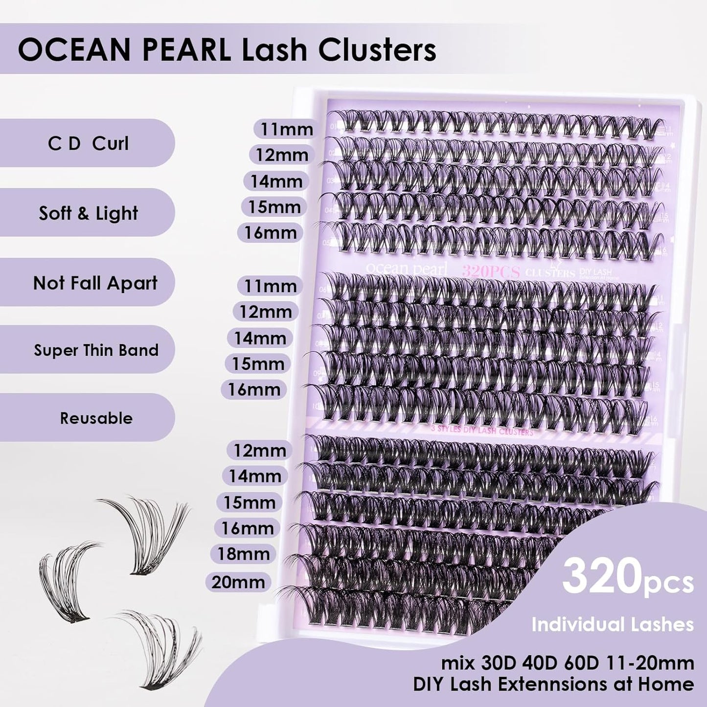 Ocean Pearl Lash Clusters 320PCS Natural Individual Lashes 11-20MM 30D 40D 60D Thick Volume Eyelash Extensions Soft Eyelashes D Curl Eyelash Clusters DIY Lash Extension-30+40+60D