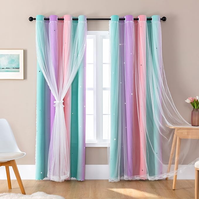 XiDi Curtains for Bedroom Decor, Rainbow Pink Purple Green 42/90/1 by Addsomecolortolife
