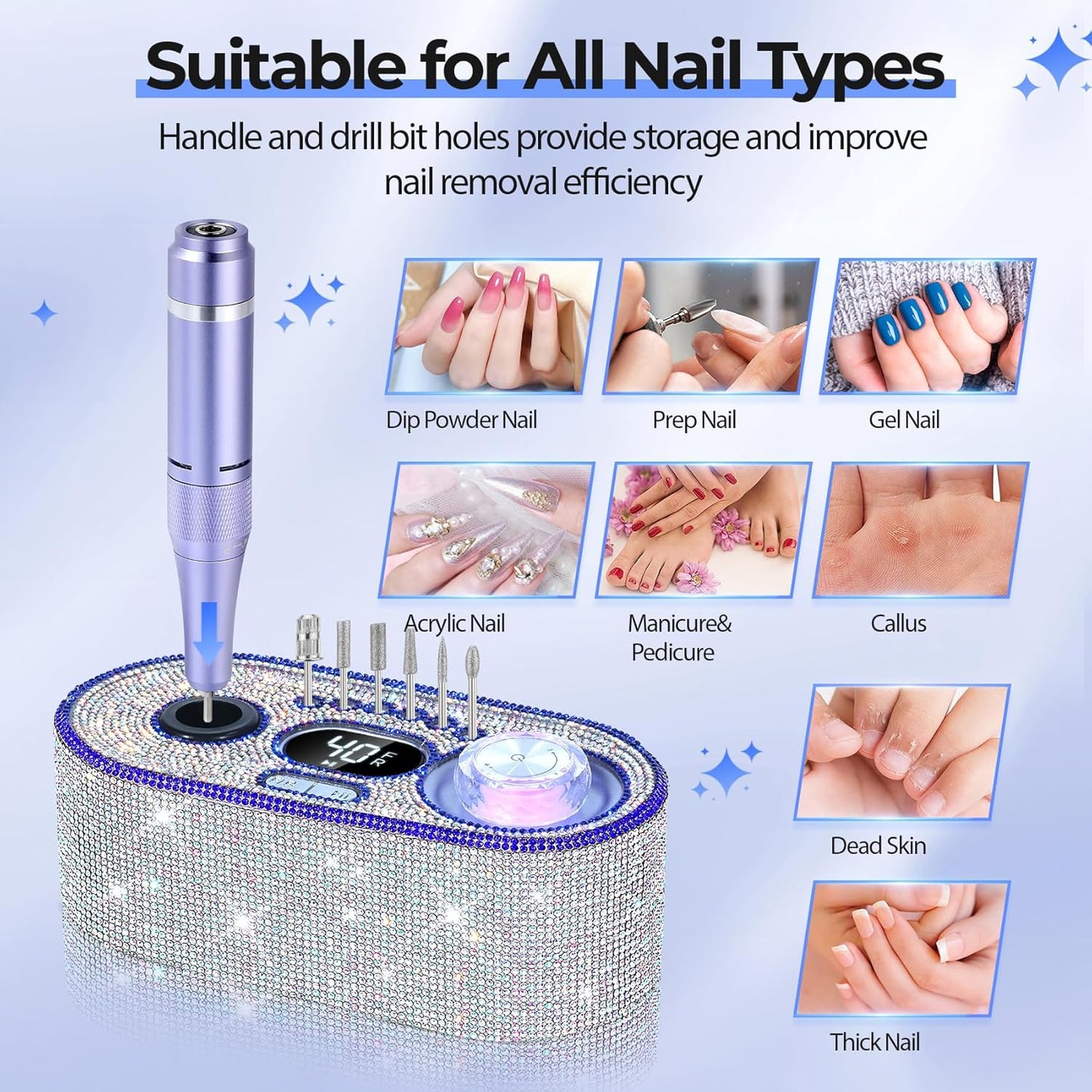 Electric Nail Drill Professional: Shiny 40000RPM Electric Nail File Kit E File Nail Drill Machine with LCD Display for Acrylic Gel, Manicure Pedicure Polishing Grinder for Salon Home, Diamond
