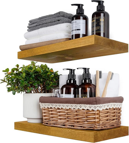 BGMG Wood Floating Shelves for Wall 16 inch Set of 2, Rustic Wooden Wall Mount by BGMG
