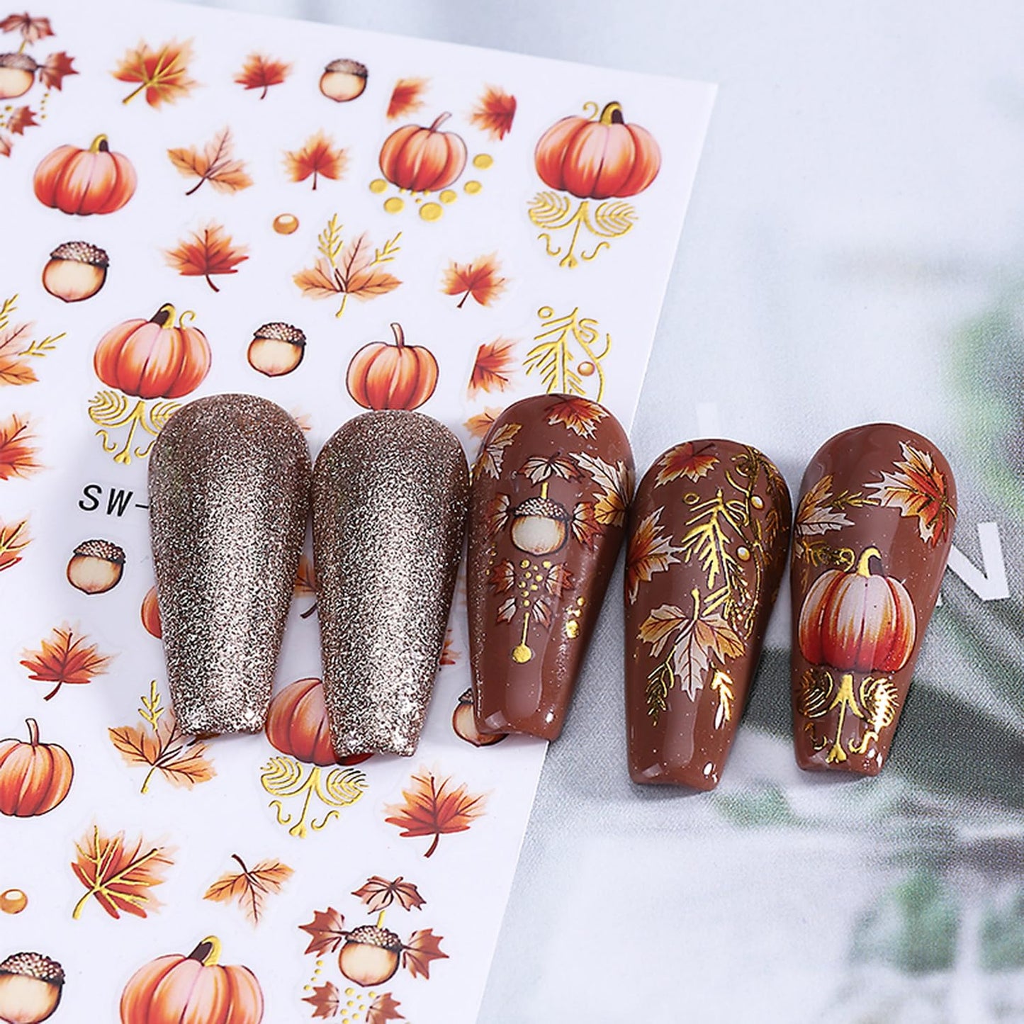 6 Sheets Fall Nail Art Stickers 3D Self-Adhesive Maple Leaf Nail Stickers with Ear of Wheat & Chestnut Designs DIY Pumpkin Nail Decal Supplies for Women Nail Art Manicure Decoration Accessories