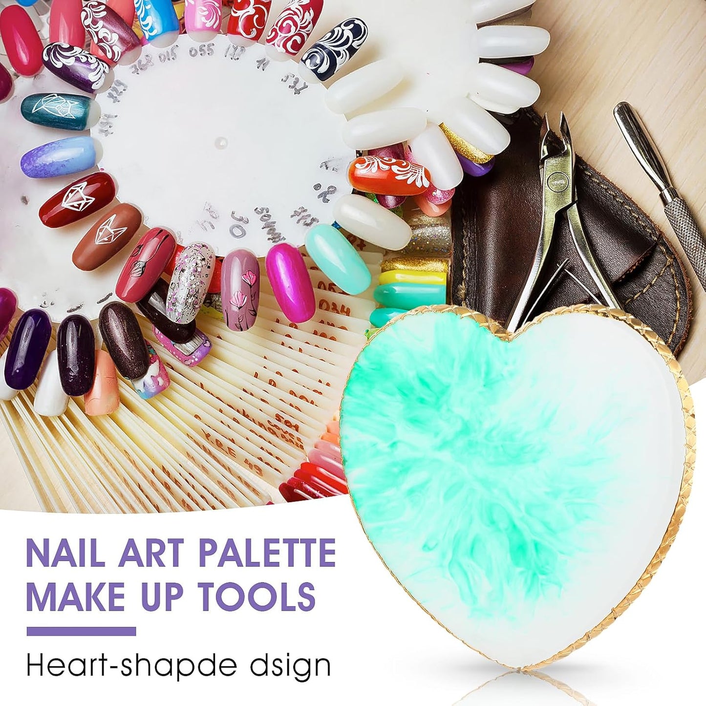Sibba Resin Nail Art Palette Nail Mixing Palette Polish Color Mixing Plate Golden Edge Nail Holder Display Board Heart Shape Cosmetic Mixing Tools (Green)