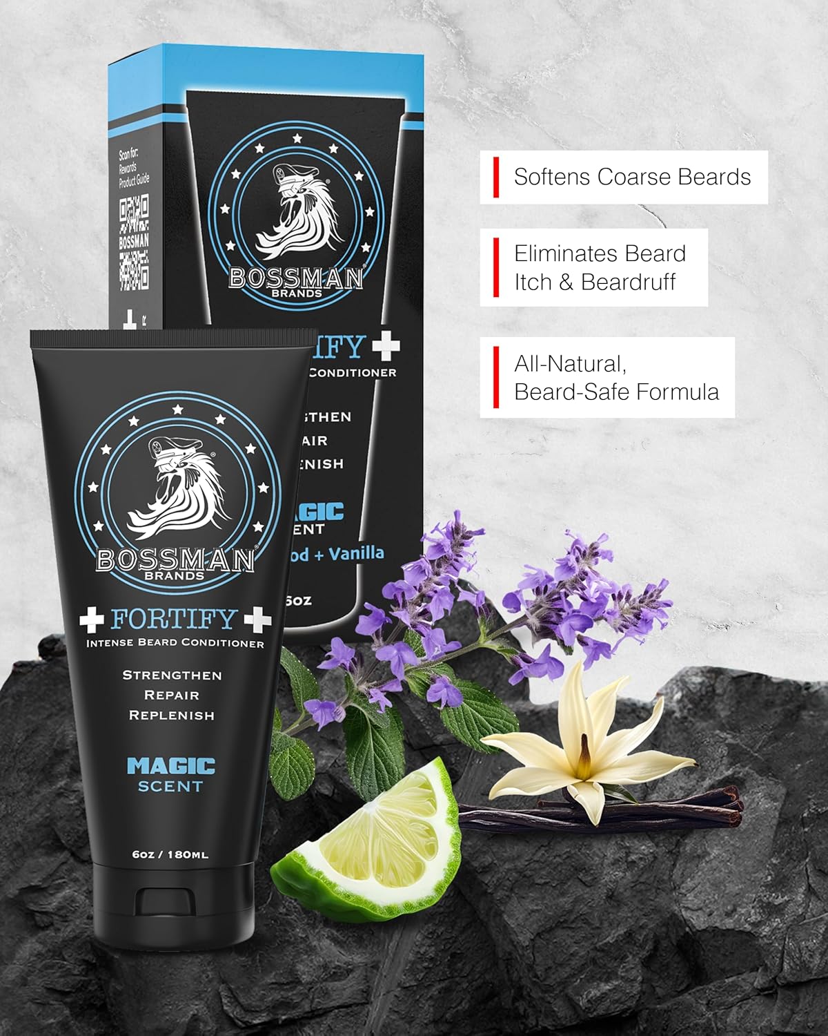 Bossman Fortify Intense Beard Conditioner for Men (Magic Scent) – Moisturizes, Replenishes & Protects with Natural Ingredients – Thicker Formula, Made in USA