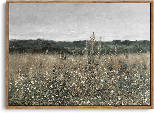 OIQArtOIQ Vintage Framed Wall Art Wildflower Field Meadow Canvas Art Prints by OIQArtOIQ