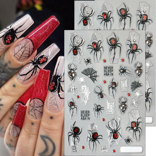 2 Sheets Spider Nail Decals for Nail Art Embossed Halloween Nail Stickers with Rhinestones Designs 5D Horror Spider Nail Art Stickers Self-Adhesive Halloween Holiday Nail Supplies for Women