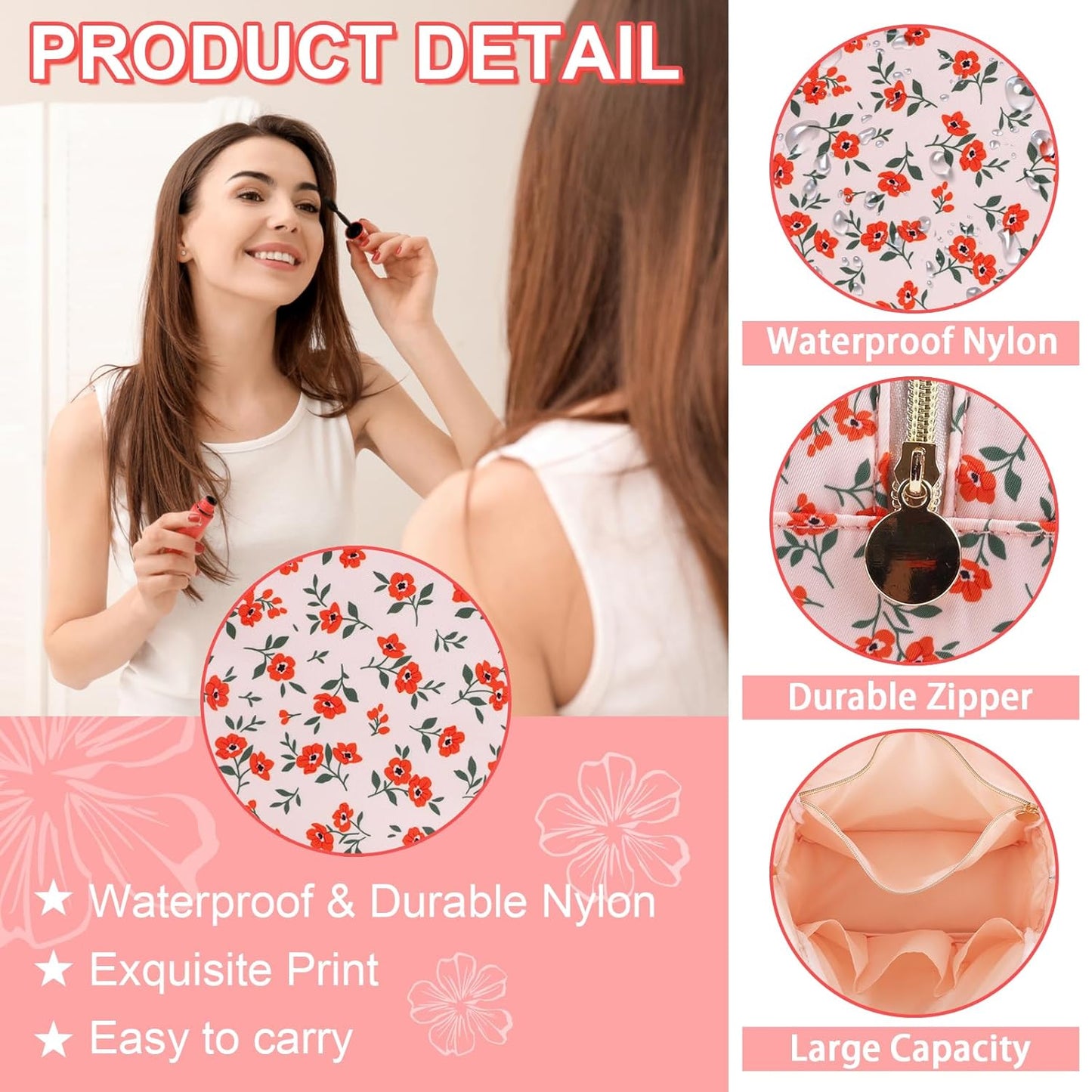 Waterproof Large Floral Makeup Pouch,Nylon Travel Toiletry Storage Purse Preppy Cosmetic Bag for Women Girl,Large Capacity Makeup Organizer Zipper Pouch for Work(L Pink-Flowers)