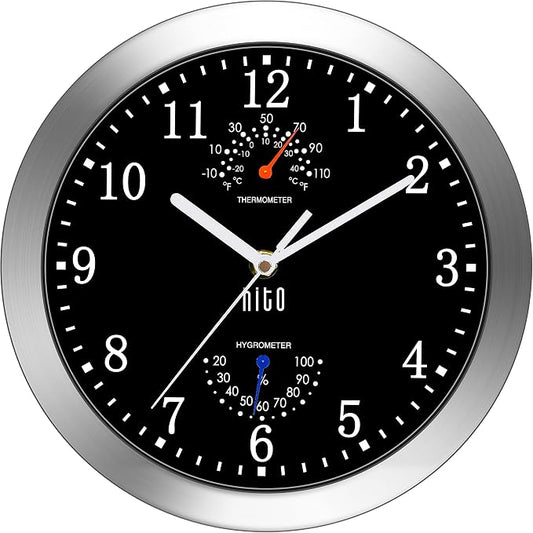HITO 10 Inch Silent Wall Clock Battery Operated Non Ticking Glass Cover Silver by hito