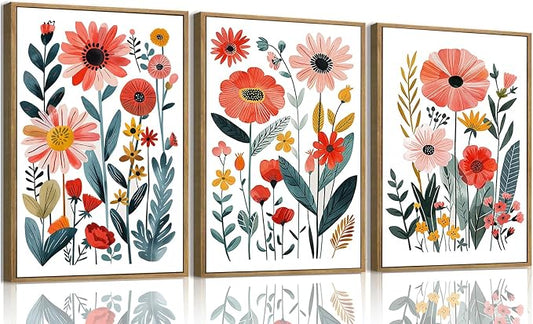 KISSFOX Colorful Wildflower Canvas Wall Art Set Of 3 Flowers Pictures Prints by KISSFOX