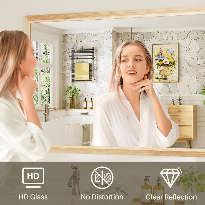 72x32 Inch Bathroom Mirror for Wall, Anti-Rust Oak Wood Grain Metal Framed - Image 6