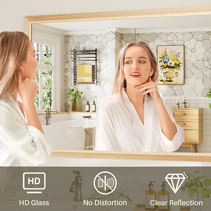 55x30 Inch Bathroom Mirror for Wall, Anti-Rust Oak Wood Grain Metal Framed - Image 6