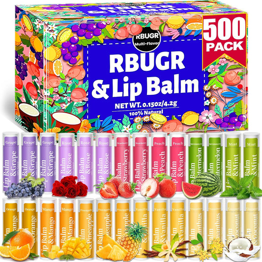 500 Pcs Lip Balm Bulk, 12 Flavored Organic Natural Lip Balms for Gifts Party Favors, Moisturizing Bulk Lip Balms for Dry Cracked Lips, Bulk Lip Balm with Vitamin E and Coconut Oil (4.2g/0.15oz)