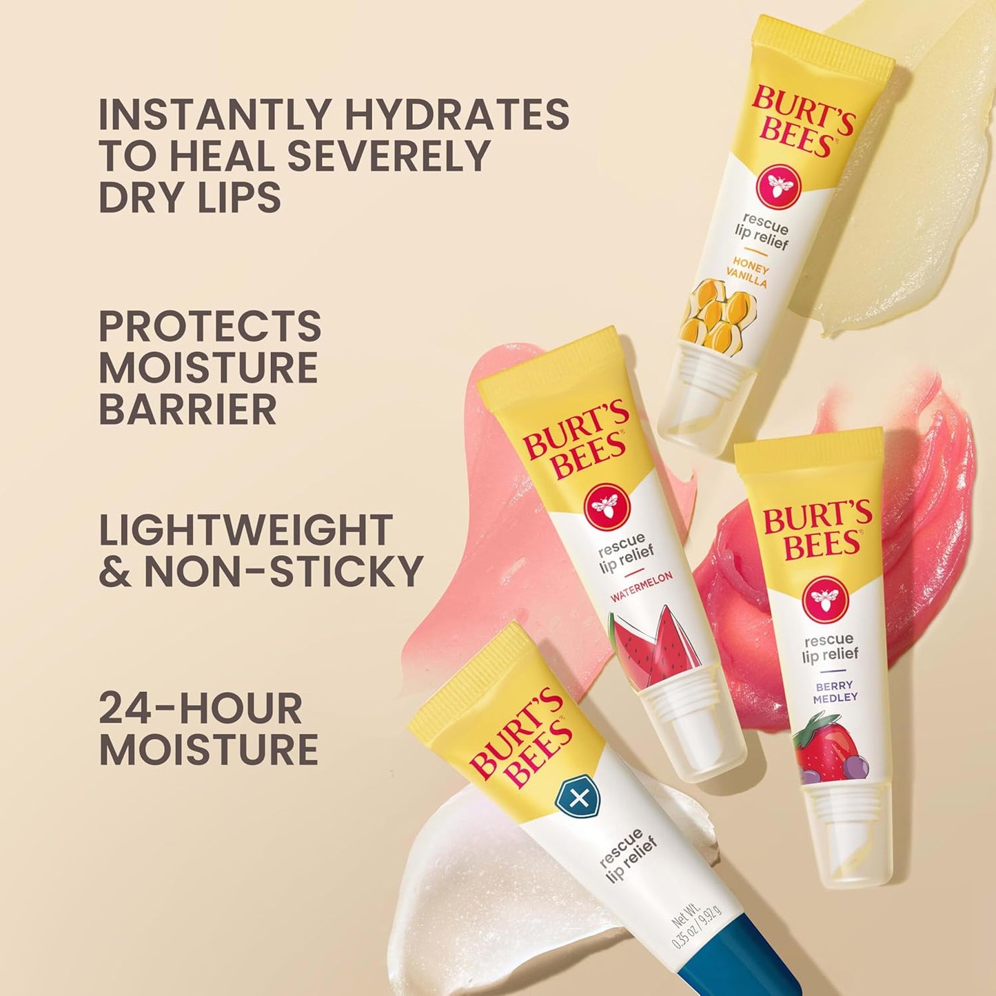 Burt's Bees Rescue Lip Relief, Watermelon, Hydrating Lip Balm for Dry Cracked Lips, with Responsbily Sourced Beeswax and Shea Butter, 100% Natural Origin, 1 Squeezy Tube, 0.35oz