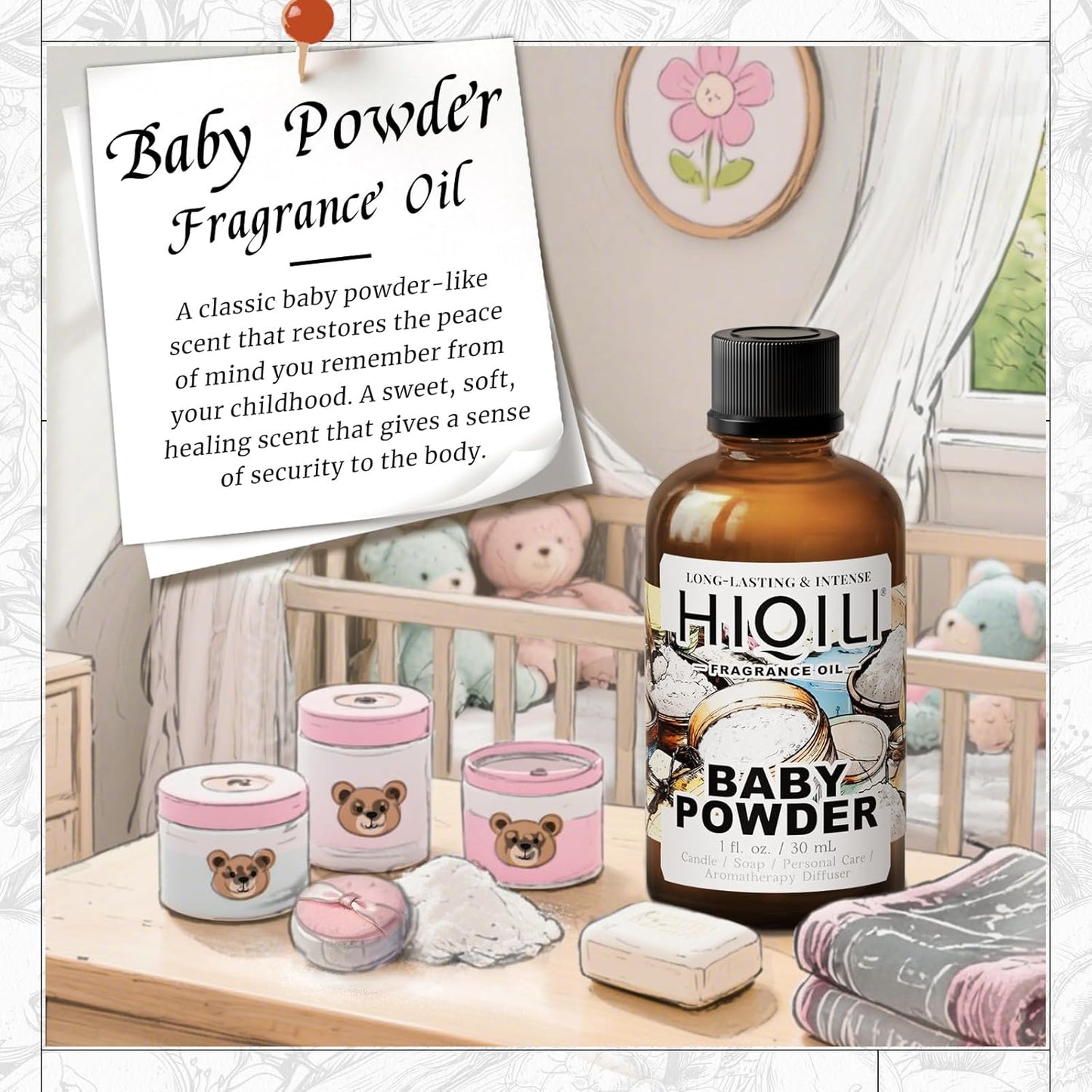 HIQILI Baby Powder Fragrance Oil - for Body Oils, Laundry Detergent, Candle, Perfumes & Soap Making, and Home Diffusers Use - 1 Fl Oz