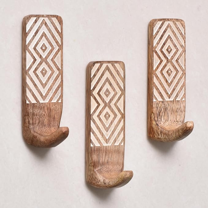 IndianShelf 10 LB- 12 Pieces Decorative Wood Adhesive Wall Hooks–Boho Peel and by IndianShelf