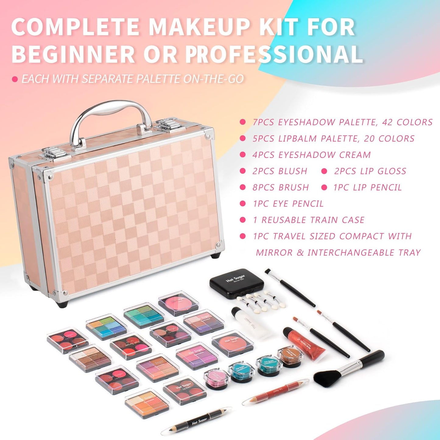 Hot Sugar Makeup Kit for Teenager Girls - Full Starter Cosmetics Set with Eye Shadow Lip Balm Blush Lip Gloss Brush Lip Pencil Eye Pencil and Mirror (Gold Check)