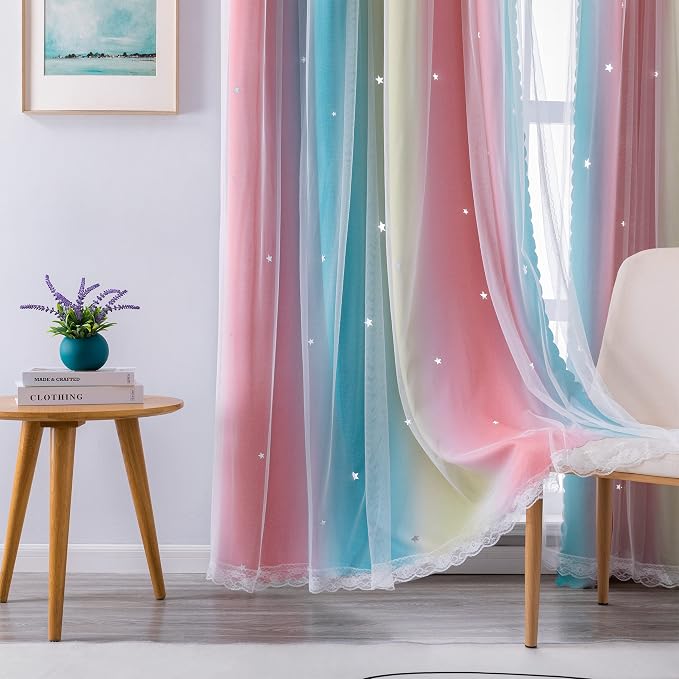 XiDi Curtains for Bedroom Decor, Rainbow Pink-Blue-34-54 - Image 3